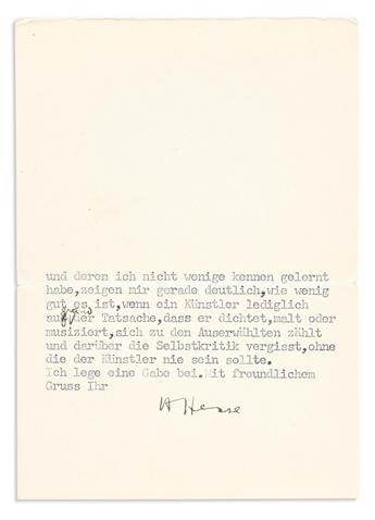 HESSE, HERMANN. Two notes, each Signed, HHesse, to aphorist Hans Margolius, in German: Autograph Note * Typed Note.